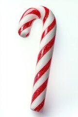 Obraz premium red and white striped candy cane with sparkling sugar crystals on a white background, cheerful festive holiday treat