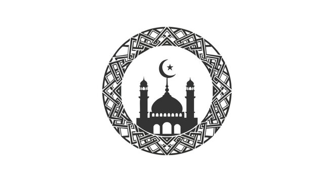 Islamic mosque icon with crescent moon and geometric pattern circle
