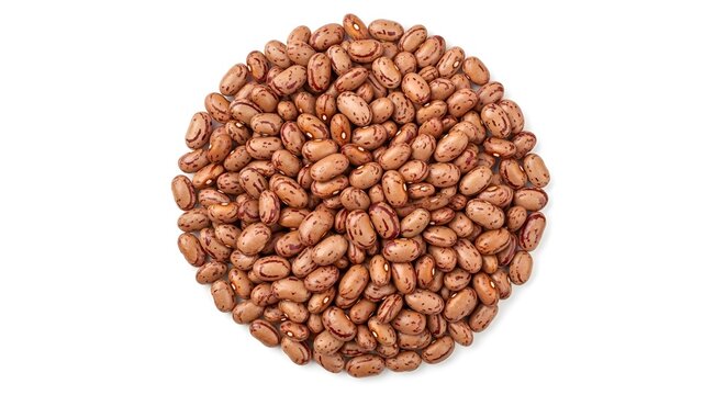 Top view of a circular pile of raw pinto beans isolated on white background