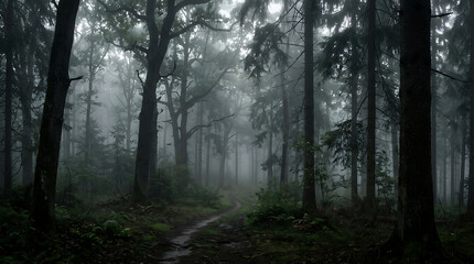 Fototapeta premium Dark and Mysterious Path Through a Foggy Woodland Forest