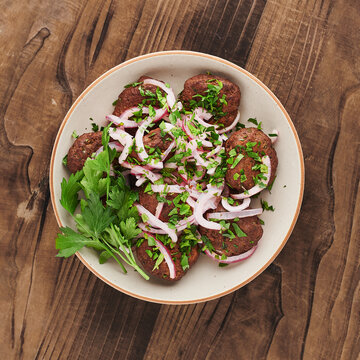 Top view of traditional Turkish kofte meatballs, top view