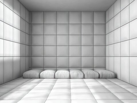 Empty white padded room with quilted square panels on walls, floor, and ceiling, six low round cushions along the back, soft diffuse light, calm and clinical minimalism