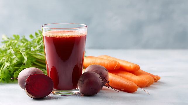 Fresh beetroot and carrot juice in a glass with raw vegetables on a light background. Healthy detox drink rich in vitamins. Diet and nutrition concept.

