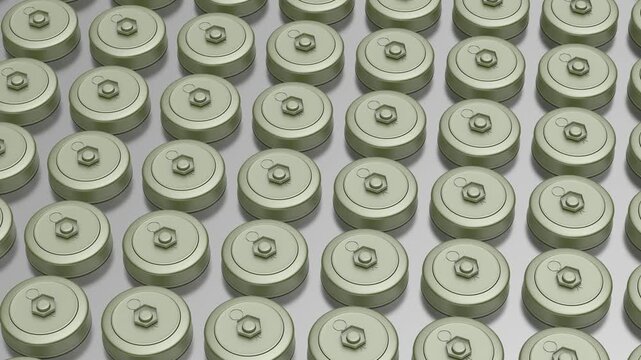 Many rows of land mines on a metal floor