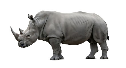 Obraz premium A large gray rhinoceros stands on a white background