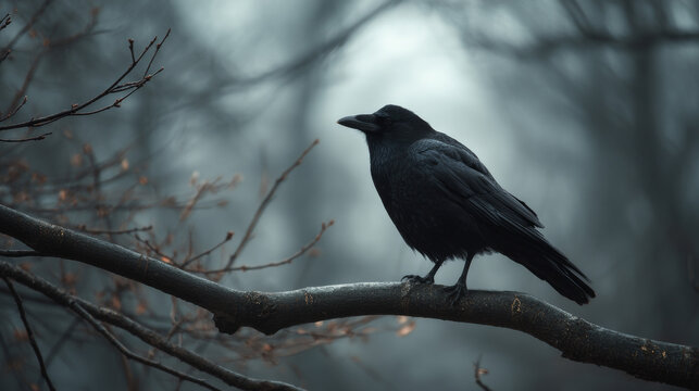 A solitary crow stands on a branch. Close-up shot. A mysterious atmosphere.