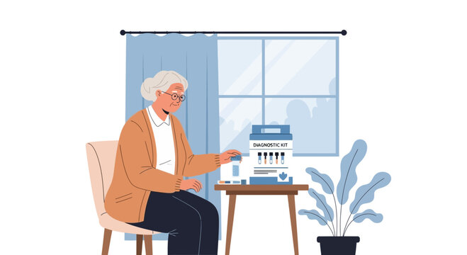 Elderly woman with glasses testing blood glucose at home with a glucometer kit