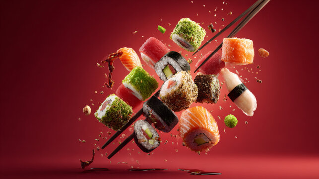 aerial composition of assorted sushi rolls and nigiri floating mid-air, centered cluster of sushi pieces with chopsticks, surrounded by delicate splashes of soy sauce and sesame seeds.
