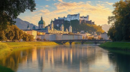 Obraz premium Golden sunset over a peaceful riverside city with domed cathedral, church towers and a hilltop fortress reflected in calm water, framed by leafy trees