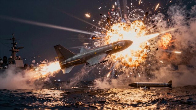 Highly detailed realistic depiction missile launch naval ship night sukhoi su-27 mid-flight nose pointing towa