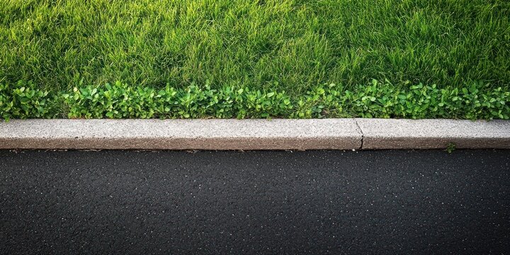 Trimmed green lawn with clover border, weathered concrete curb and smooth black asphalt road conveying calm orderly urban edge