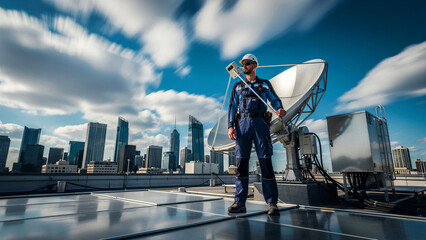 Fototapeta premium A professional male technician wearing a white protective helmet and blue uniform stands confidently beside a large satellite dish while holding professional gear during his daily maintenance work...