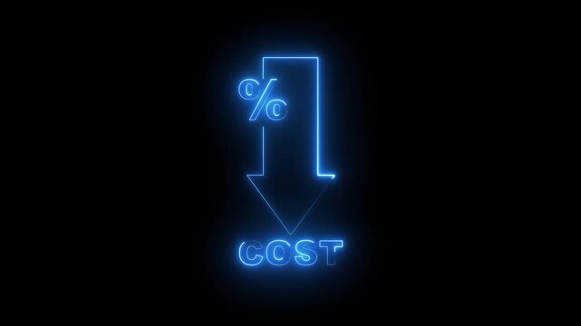 glowing neon Cost reduction icon concept. Cost reduction icon business finance concept, budget management and cost management. down arrow with cost. Economy recession, low budget, Effective business..