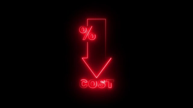 glowing neon Cost reduction icon concept. Cost reduction icon business finance concept, budget management and cost management. down arrow with cost. Economy recession, low budget, Effective business..