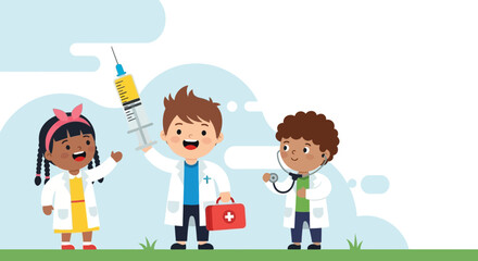 Obraz premium Children dressed as doctors playing with medical equipment.