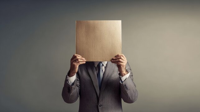 Businessman holding blank cardboard in front of face in studio setting