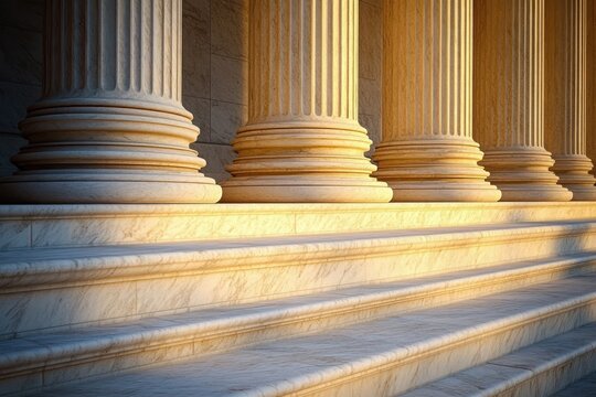 Sunlit marble steps and fluted columns casting long shadows, evoking serene, majestic grandeur