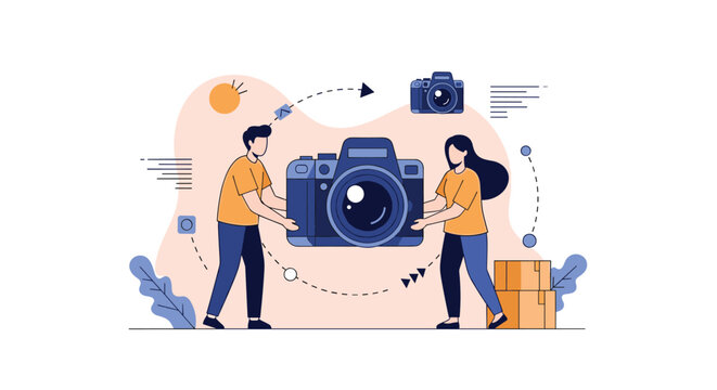 Creative photography team carrying large professional camera icon representing media production and social media marketing service.