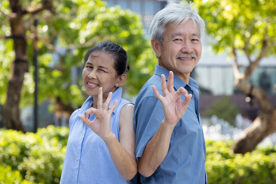 Happy smiling healthy Asian senior couple, old husband and wife showing approving, passing, good, yes, go for it, good to go, correct, okay, double ok hand gesture