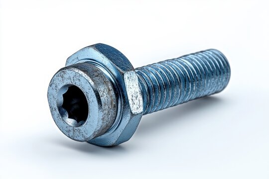 close-up of a single threaded steel bolt with flanged hex head and star-shaped drive, slightly worn and rusty, isolated on white background conveying rugged precision