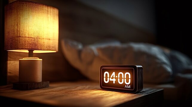 Digital alarm clock displaying 4,00 am on a wooden nightstand, illuminated by a glowing lamp, symbolizing insomnia, sleep deprivation, and an early start to the day