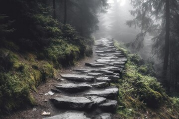 Obraz premium moss-covered stone path winding through a misty evergreen forest, damp and serene with a mysterious tranquil atmosphere