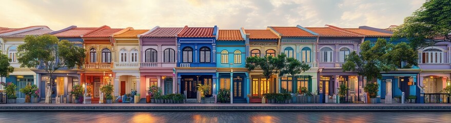 Obraz premium Colorful row of historic two-story shophouses along a waterfront at golden hour with warm glowing windows, trees and a tranquil, charming atmosphere