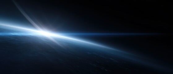 Naklejka premium Blue light flare streak ray effect in space behind glowing planet cinematic space background