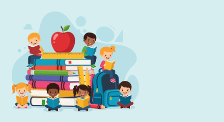 Fototapeta premium Diverse group of happy children reading books and learning.