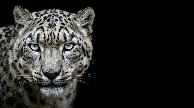 Dramatic portrait of a snow leopard with piercing blue eyes on a black background. Majestic wildlife close-up with large copy space for text. High contrast studio lighting