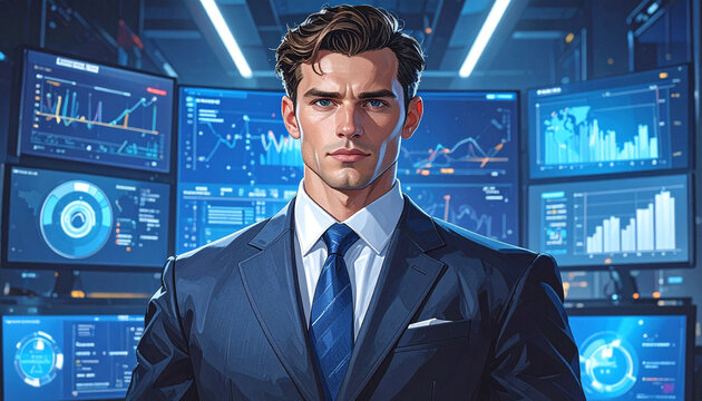 Corporate lawyer standing in front of multiple screens displaying data analysis and graphs in a modern office