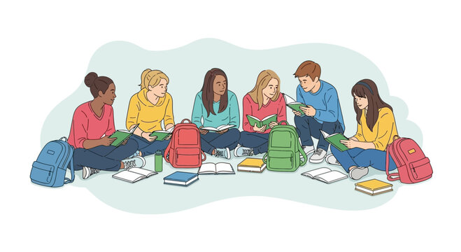Diverse group of students studying together outdoors.