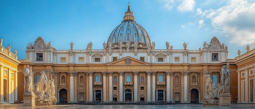 Sunlit classical basilica with towering dome, ornate statues and columns framing an empty plaza under a clear blue sky, serene and majestic