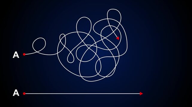 Complex and easy way from point A to B. hand drawn doodle scribble chaos path lines. kids tracing paths. Motion graphics of concept. 4k video animation