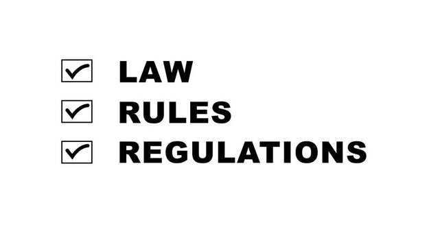 Compliance Law Rules Regulations Checklist Clipboard Animation 4K. Checklist law rules and regulations Banner writing text corporate compliance. 4k video animation