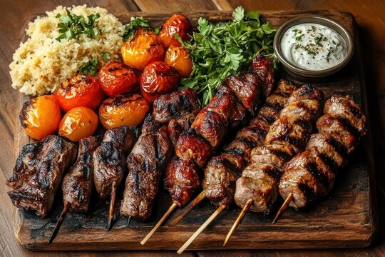 Hearty platter of grilled meat skewers with charred cherry tomatoes, rice pilaf, fresh parsley and creamy yogurt sauce on a rustic wooden board, savory and appetizing