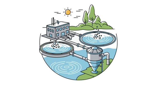 Illustration of a water treatment facility with a factory, ponds, and pipes under a sunny sky