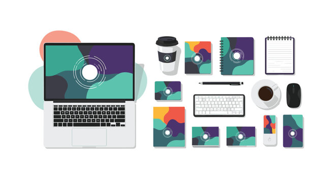 Top view of laptop computer and professional corporate branding stationary set with abstract colorful patterns on white desk.