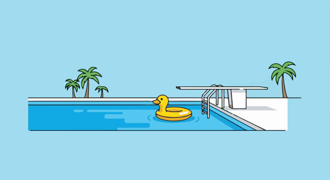 A bright yellow rubber duck floats in a blue swimming pool beside palm trees and a diving board