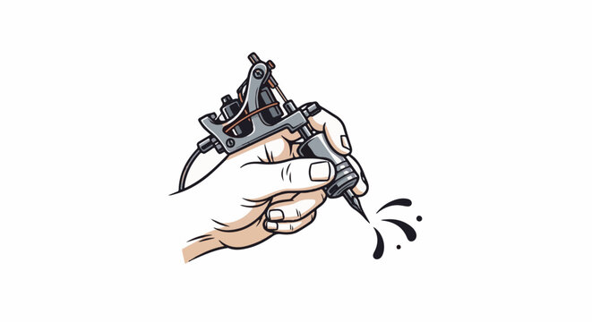 Hand holding a tattoo gun, ink splashing