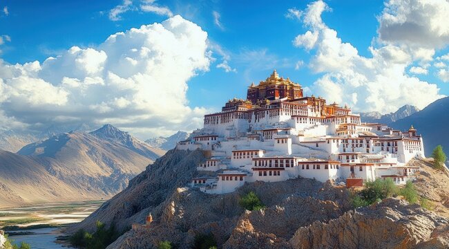 sunlit white and red hilltop monastery with golden roofs perched on a rocky mountain overlooking a river valley under a dramatic blue sky, serene and majestic
