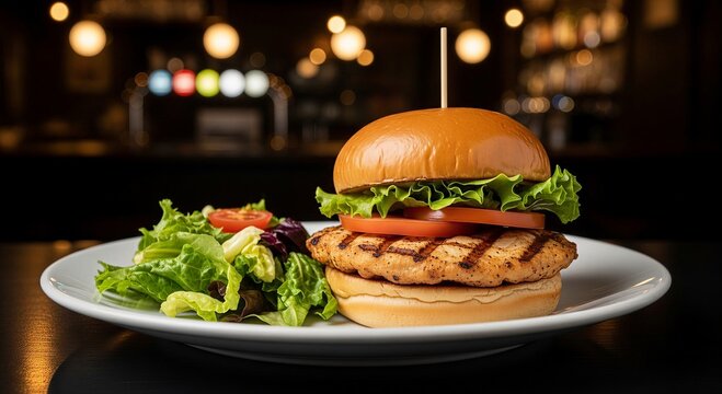 A vibrant close up shot showcases a juicy gourmet burger with fresh ingredients complemented by a small side salad on a