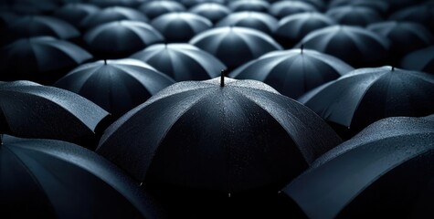 Obraz premium Rows of wet dark umbrellas with glistening raindrops, a single umbrella subtly highlighted amid a uniform crowd, moody and resilient