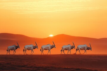 Fototapeta premium five oryx walking in single file across orange desert dunes at sunset, a serene and majestic procession under a glowing sky