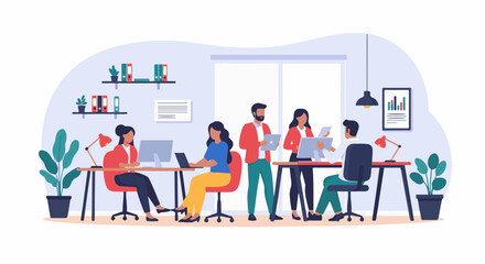 Fototapeta premium Diverse team collaborating in a modern office with plants and data charts
