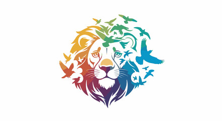 Fototapeta premium Majestic lion with rainbow-colored mane composed of flying birds