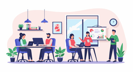 Obraz premium Colleagues collaborate on projects and present data in a modern office setting