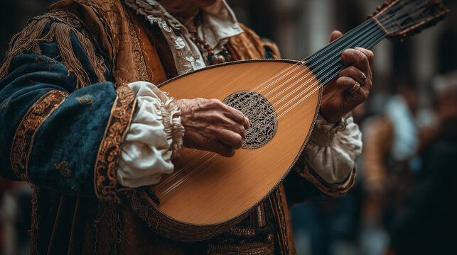 Festival Medieval de Hita, Close up of medieval musician hands playing lute instrument in ornate costume during Festival Medieval de Hita cultural reenactment in Spain
