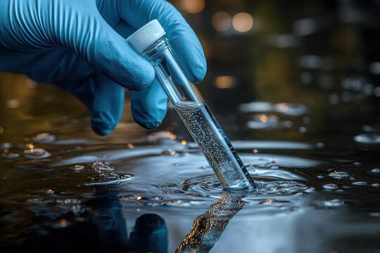 gloved hand carefully collecting water sample with capped glass test tube, bubbles and ripples on dark reflective surface conveying precise scientific focus