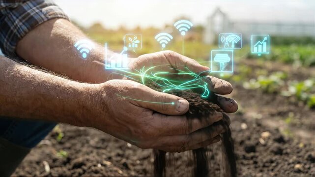 Farmers use technology and data to improve soil health and crop yield in sunny fields